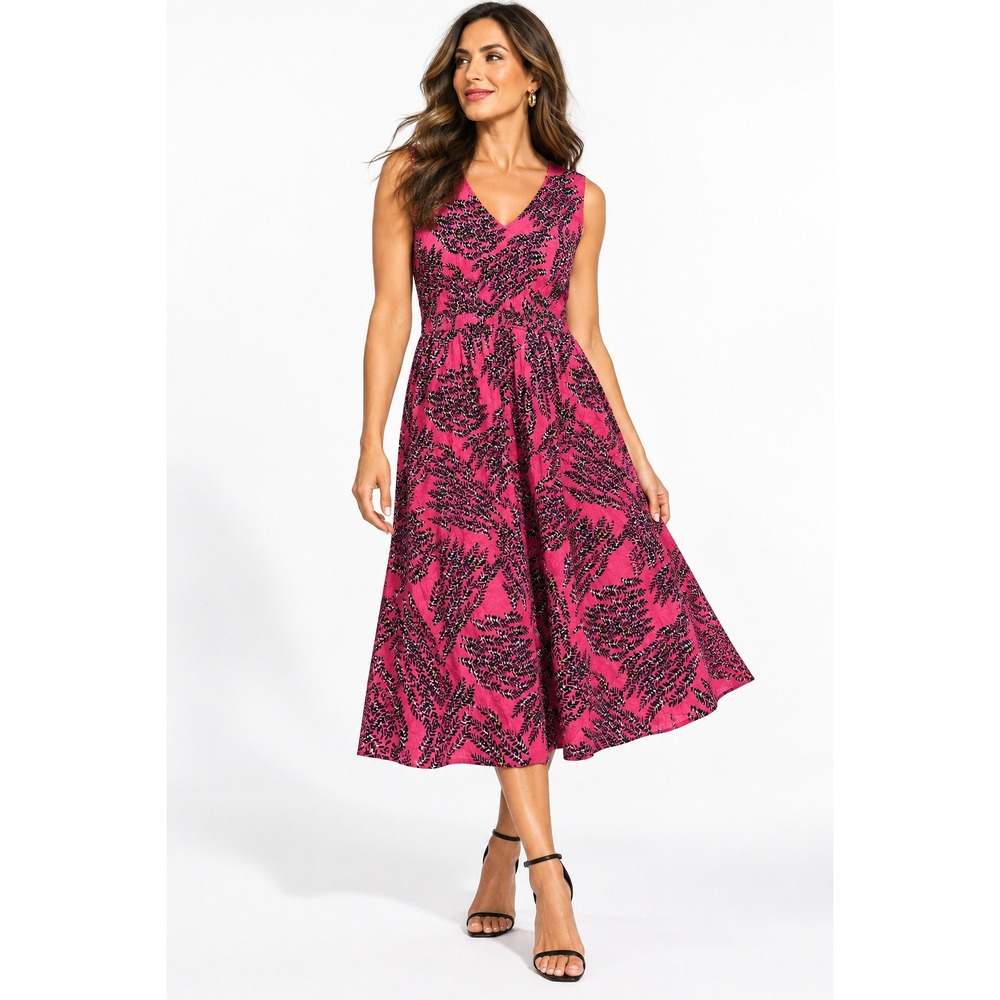 Nic+Zoe Dierdre Dress L Dark Pink Multi Leaf Print Cotton Midi V-Neck NWT